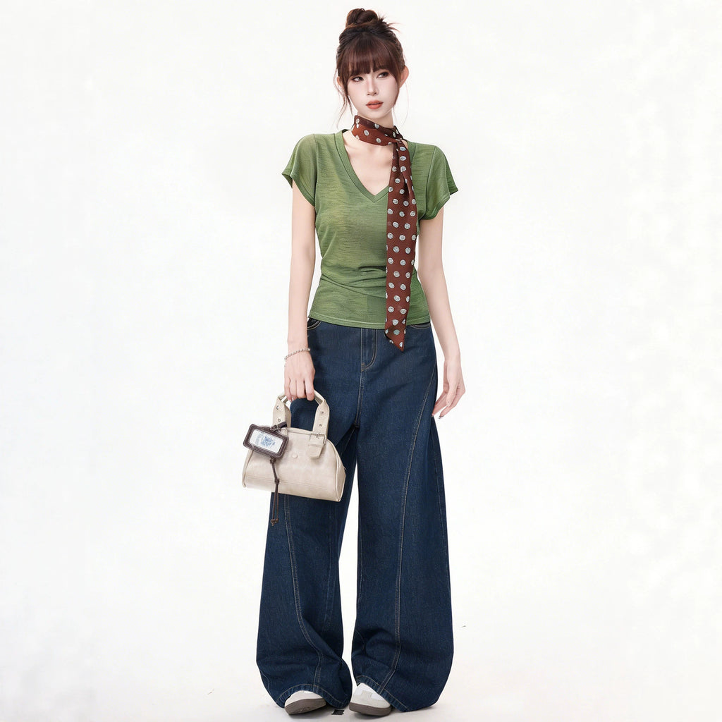 V-Neck Short Sleeve T-Shirt for Women, Green Slim-Fitting Unique and Beautiful Summer Top