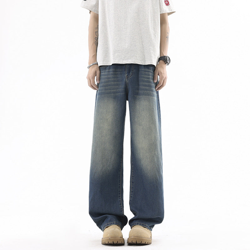 Denim Pants Men Loose Straight Leg Blue Casual Drape Wide Leg Long Pants