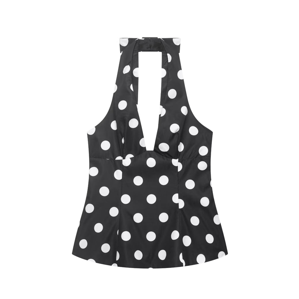Bow embellished polka dot hanging neck collar sleeveless top