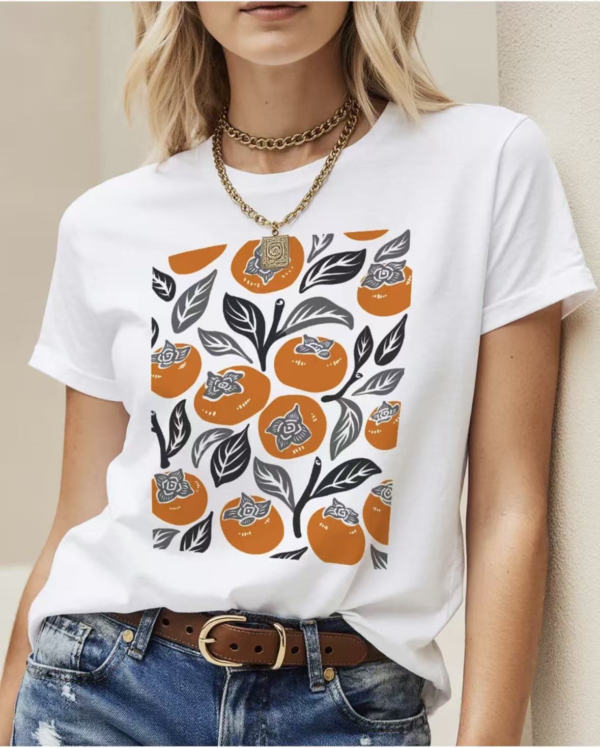 Persimmon pattern round neck loose short sleeved top for women