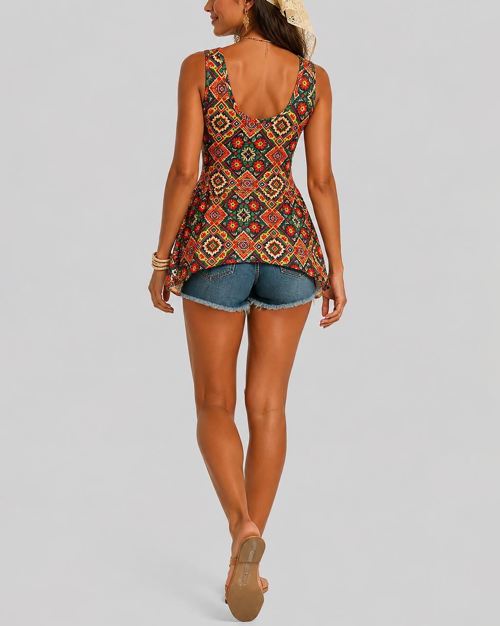 Women's Fashion Ethnic Style Printed Square Neck Lace Sleeveless Elastic Vest