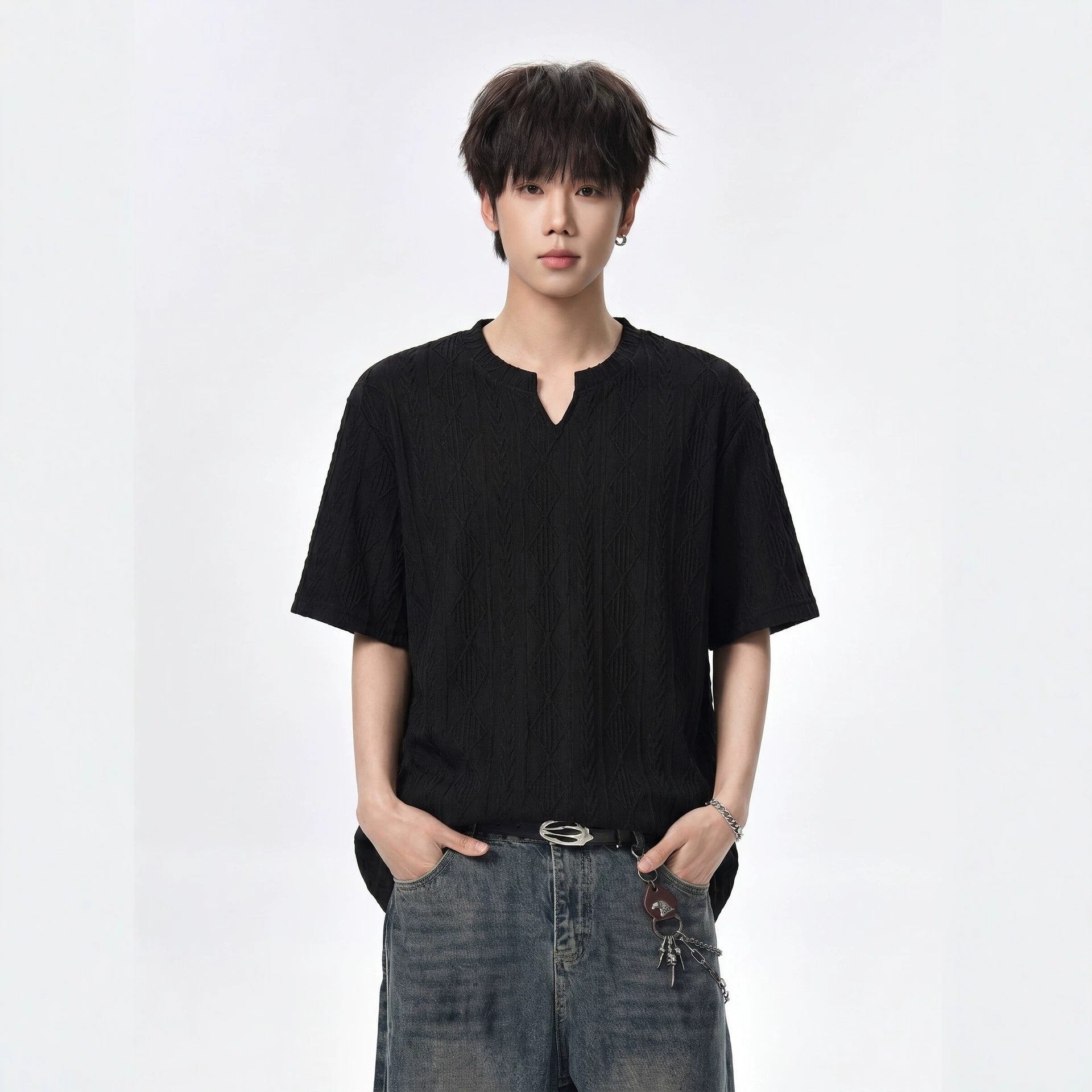 White Textured Hollow-Out V-Neck Short Sleeve T-Shirt for Men