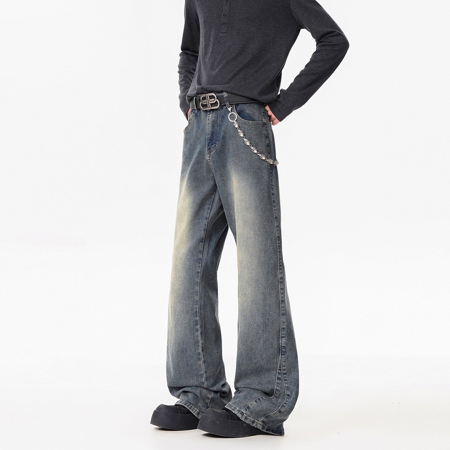Texture Washed Knife-Edge Denim Pants Men