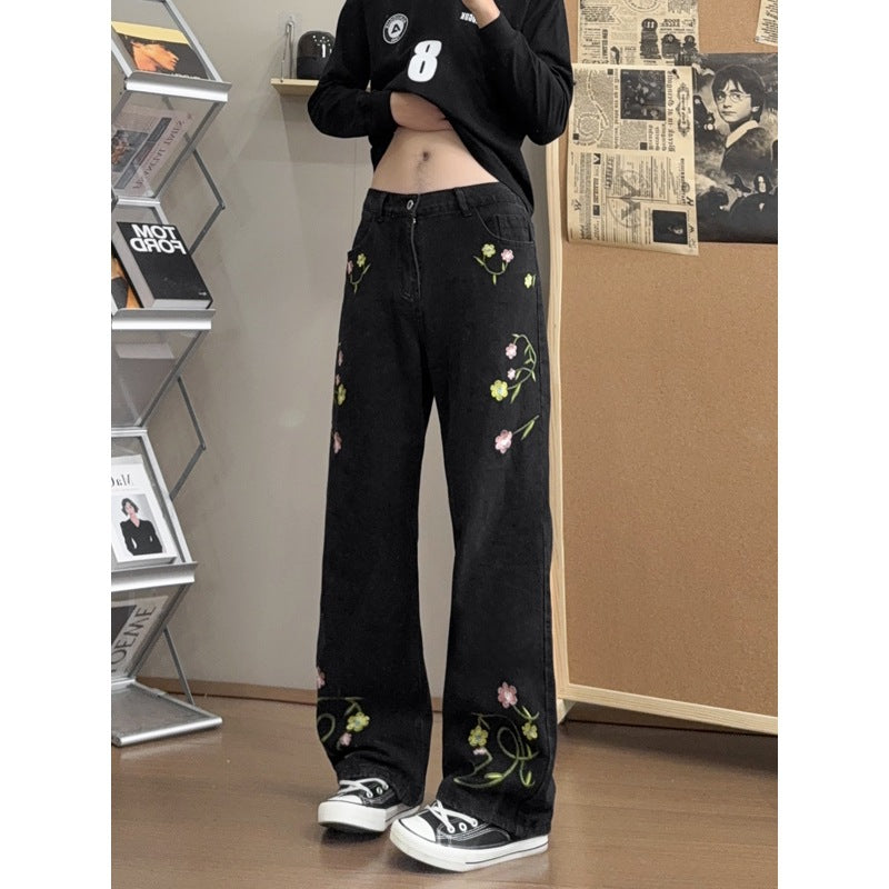Blue Embroidered Jeans Straight Leg Jeans