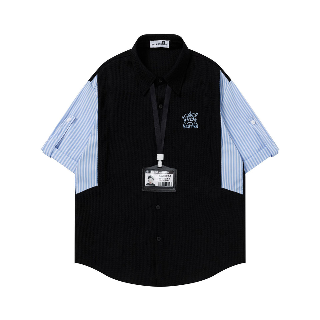 Splicing striped fake two short sleeves