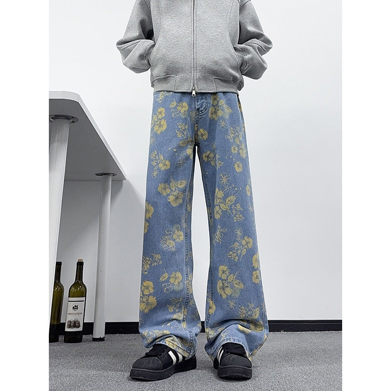 Floral Print Denim Pants Men Wide Leg Pants