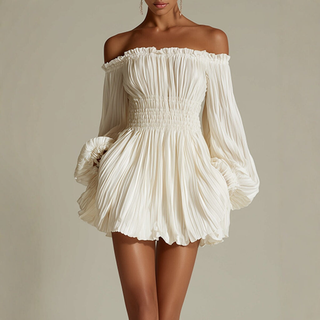 Elegant One-Shoulder Pleated Fitted Long Sleeve Dress for Women