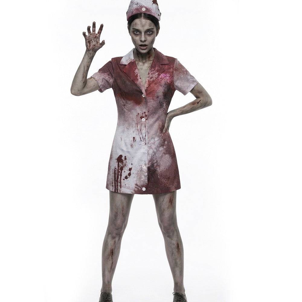 Halloween Horror Zombie Nurse Cosplay Costume with Blood-Stained Nurse Dress for Scary Party Stage Performance Outfit