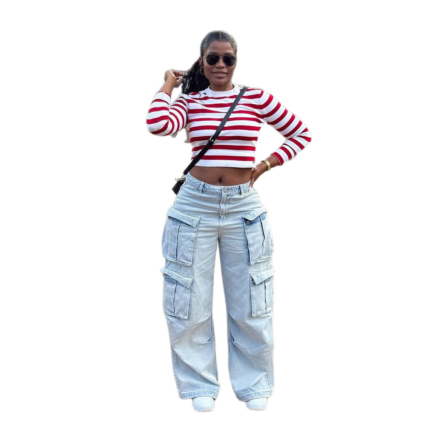 Street Style Multi-Pocket Light Wash Cargo Jeans Pants