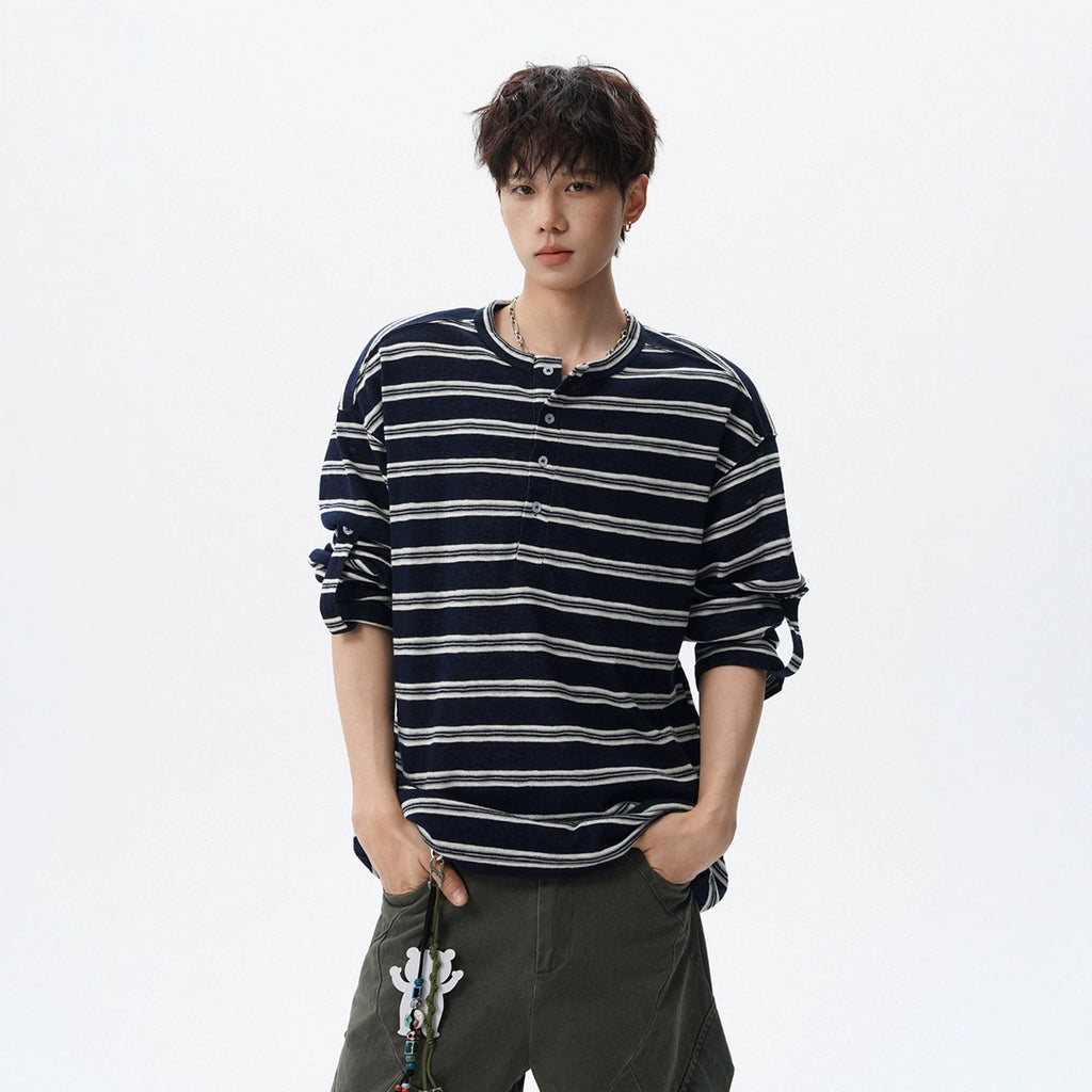 Black and White Stripe Henley Neck Long Sleeve T-Shirt