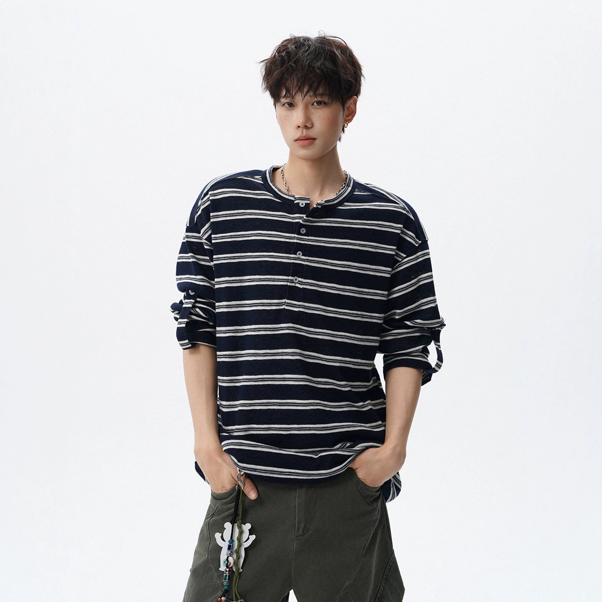 Black and White Stripe Henley Neck Long Sleeve T-Shirt