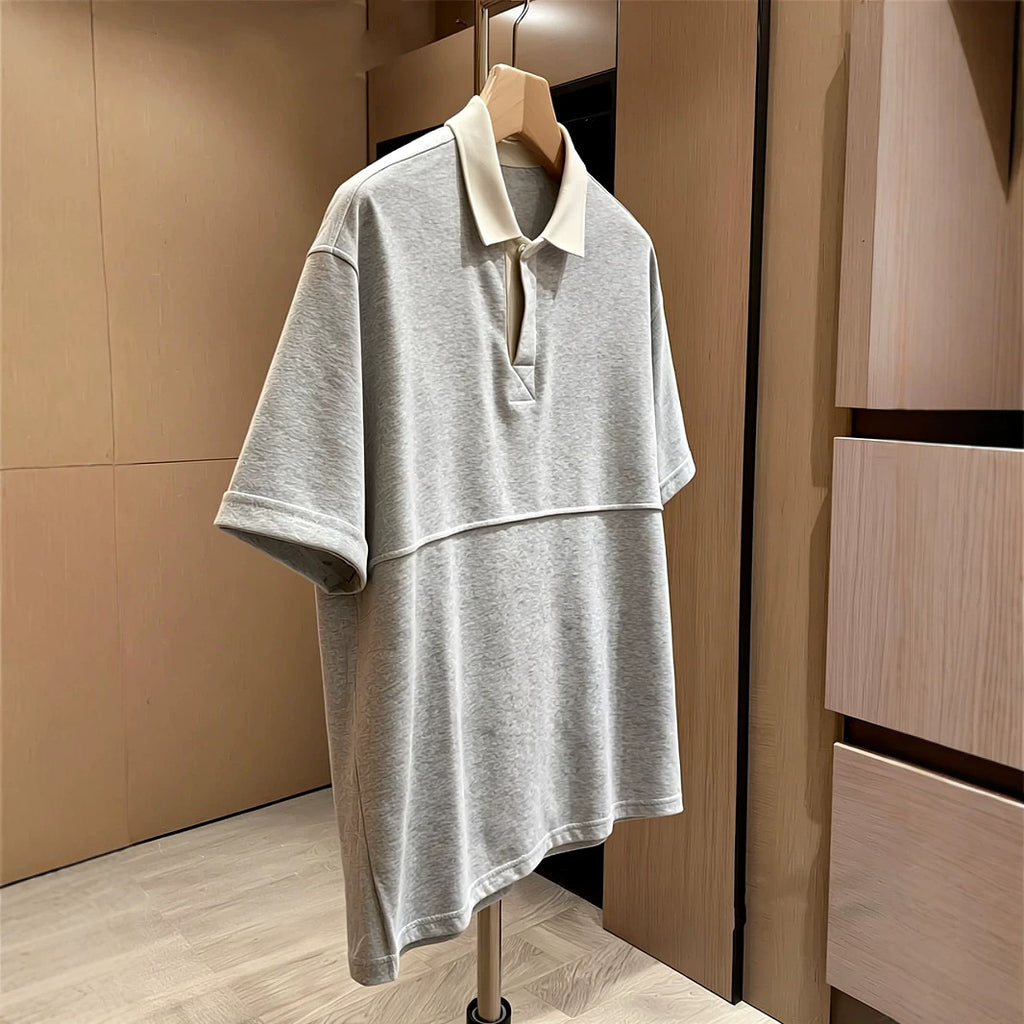 Grey Flip Collar Short Sleeve Design Patchwork Top