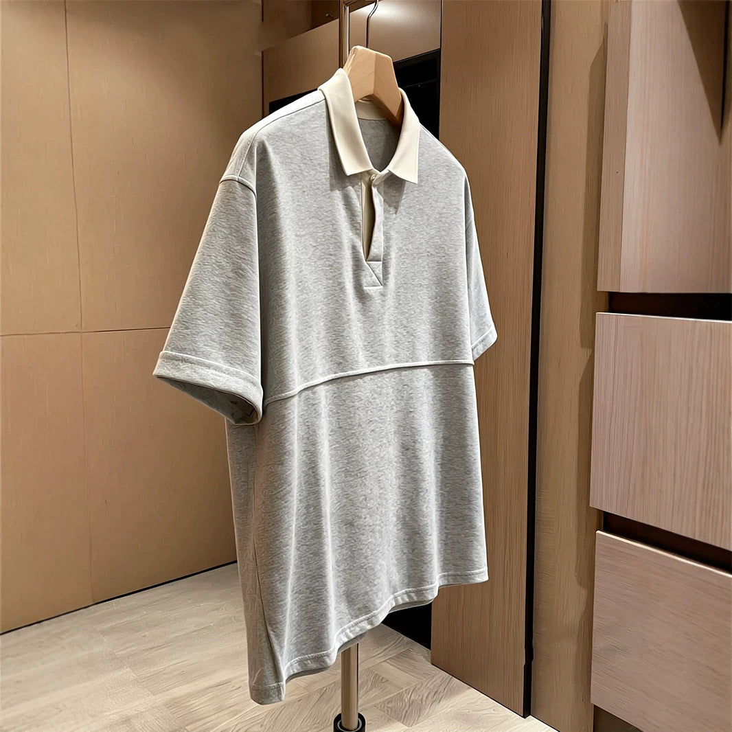 Grey Flip Collar Short Sleeve Design Patchwork Top