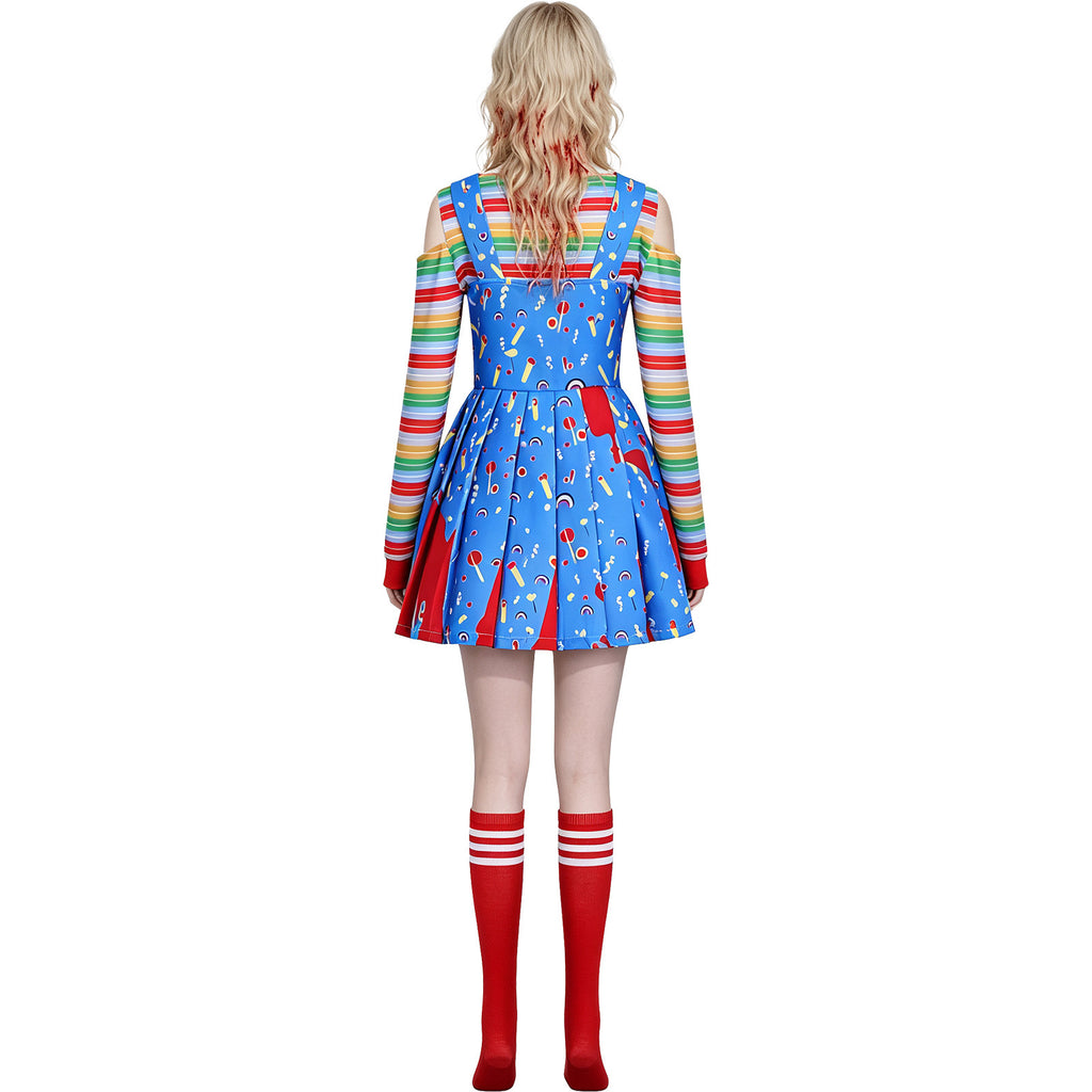 Chucky Horror Movie Character Cosplay Dress Blue Women's Halloween Costume Ready
