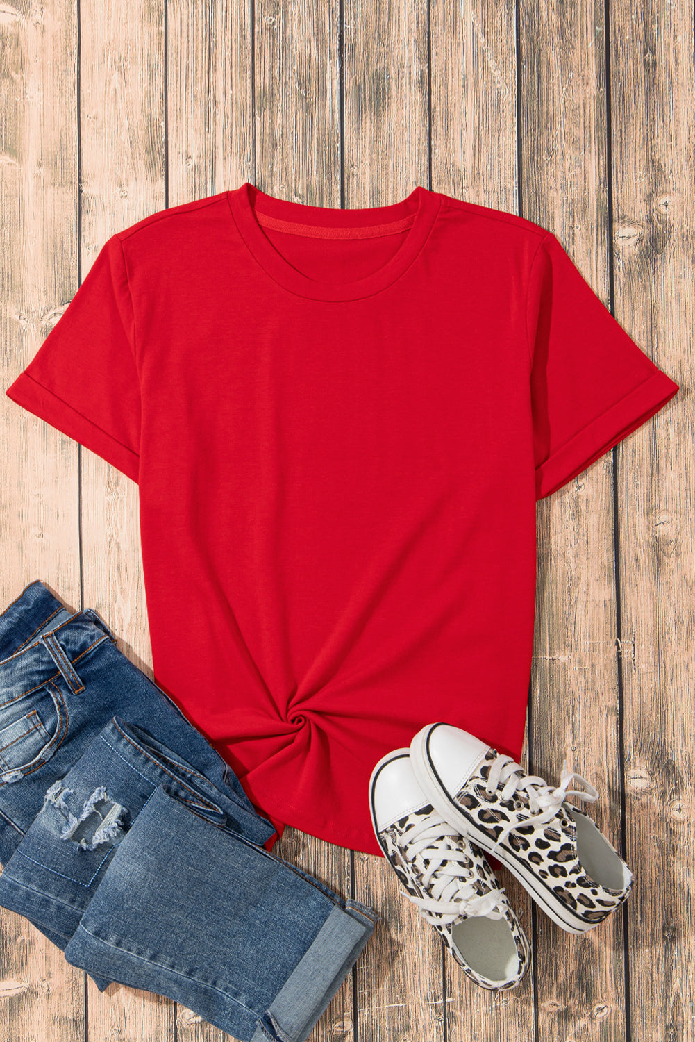 Sachet Pink Solid Color Basic Crew Neck Plain Tee