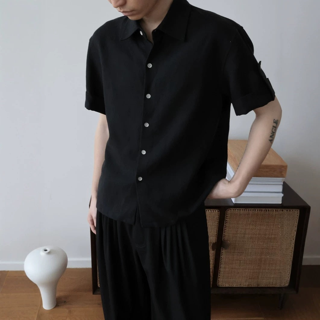 Linen Tencel Lyocell Classic Fit Cuffed Button-Up Casual Short Sleeve Shirt