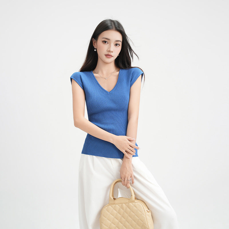 Blue V-Neck Collar-Baring Knit Short Sleeve T-Shirt for Women Lightweight Sheer