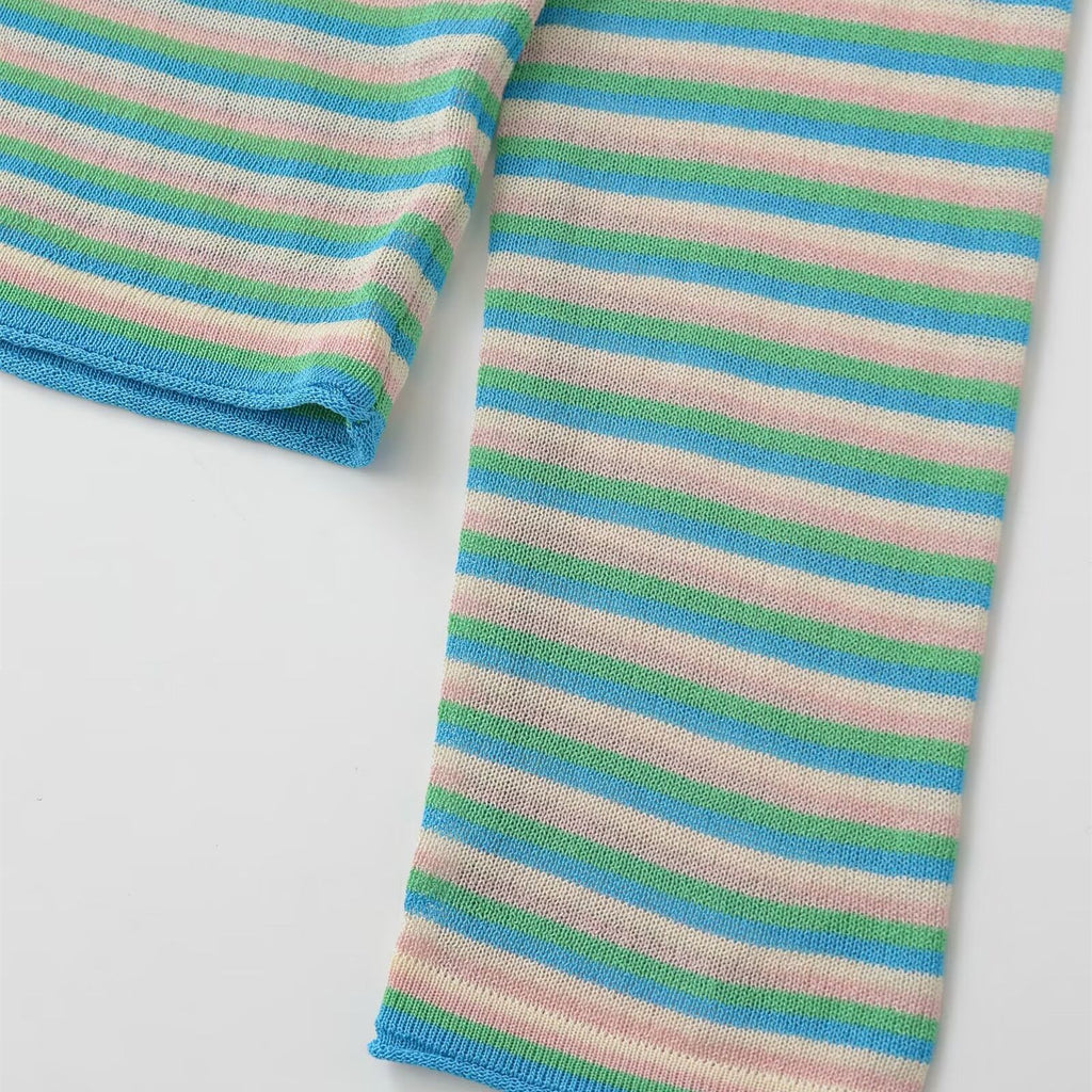 Long sleeved round neck fine needle striped knitted sweater