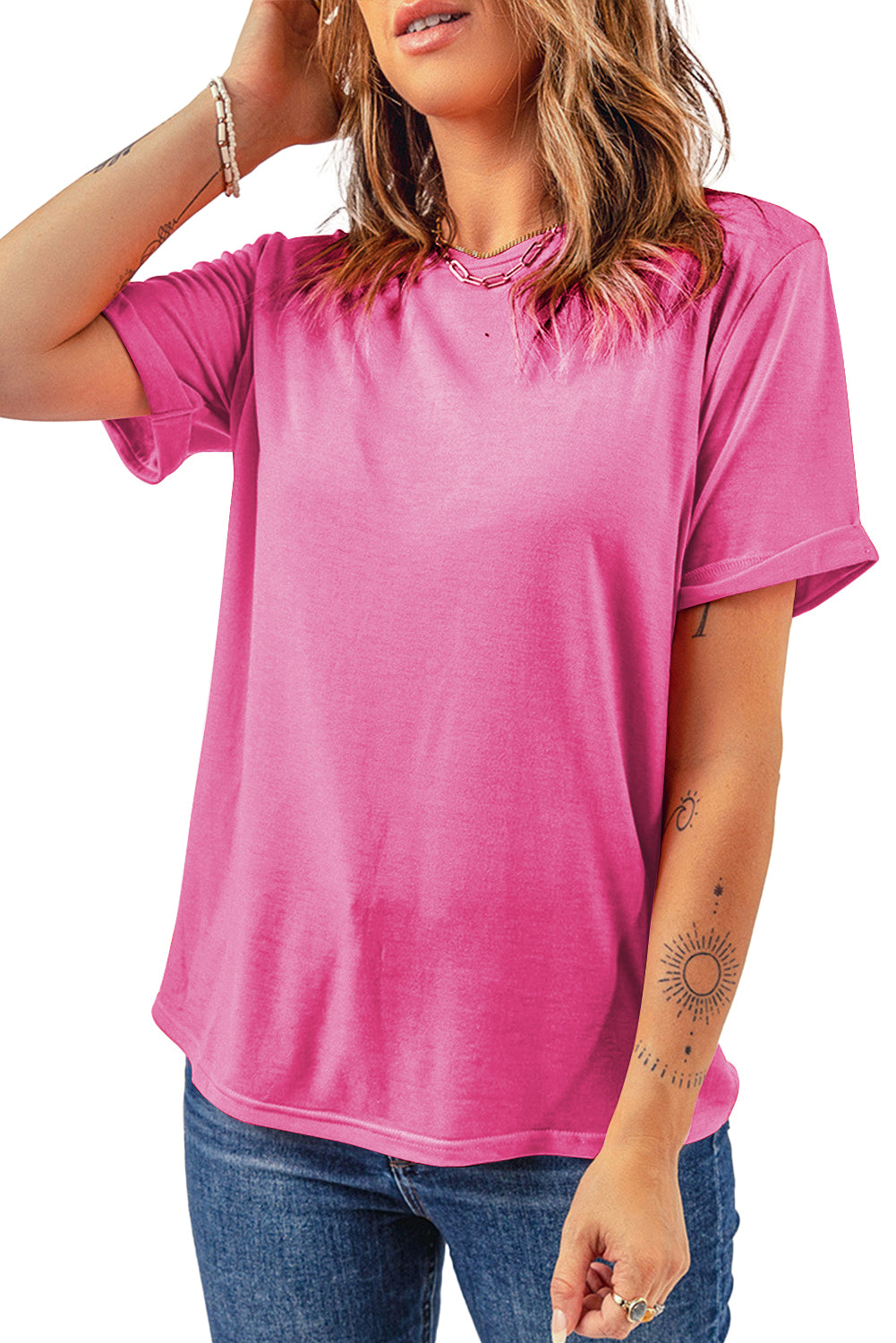 Sachet Pink Solid Color Basic Crew Neck Plain Tee