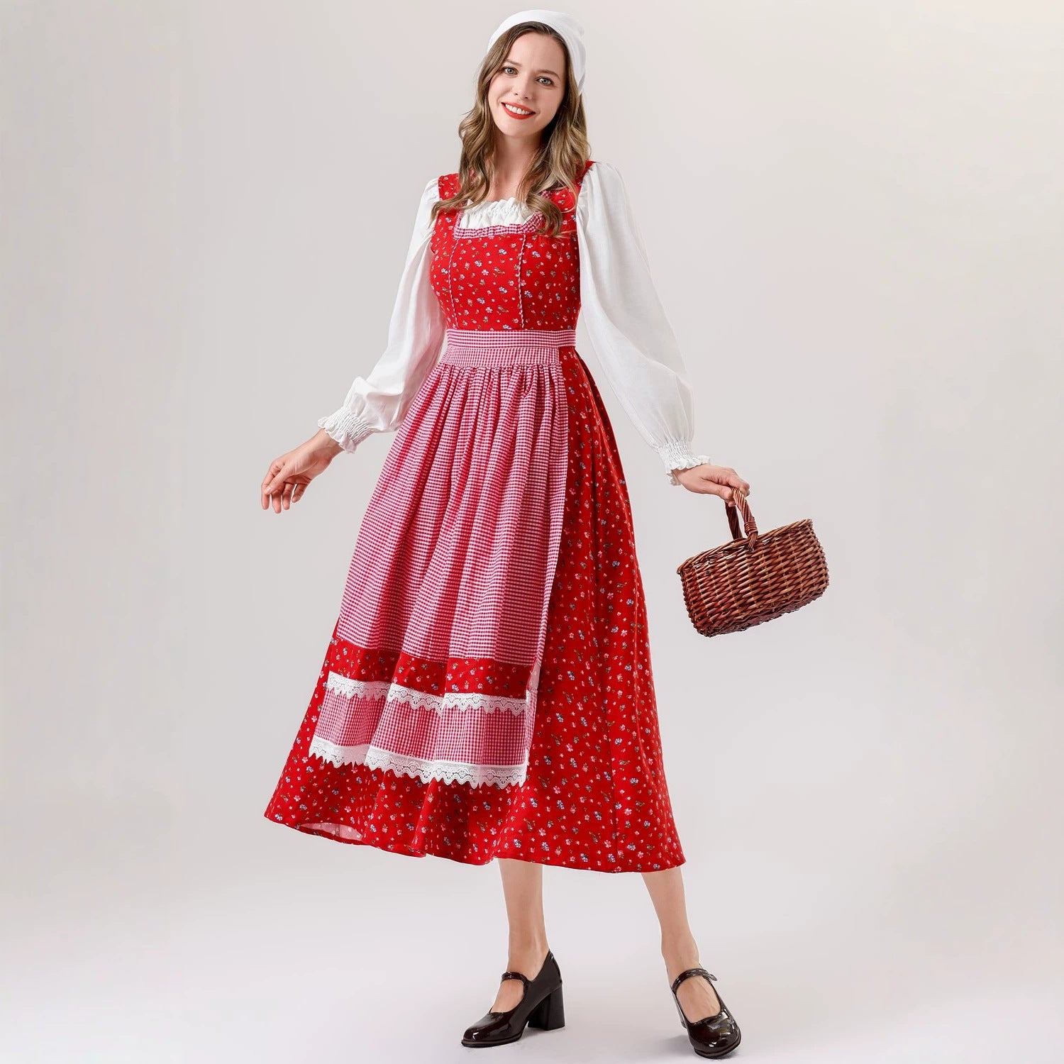 Vintage Rustic Style Little Red Riding Hood Dress, German Bavarian Traditional Servant Costume Cosplay Dress