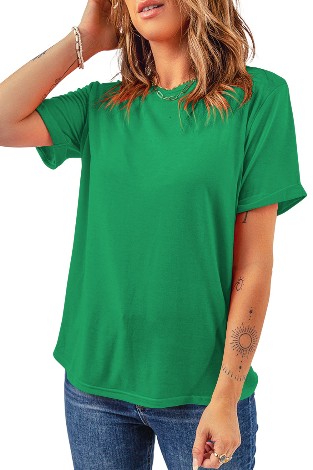 Sachet Pink Solid Color Basic Crew Neck Plain Tee