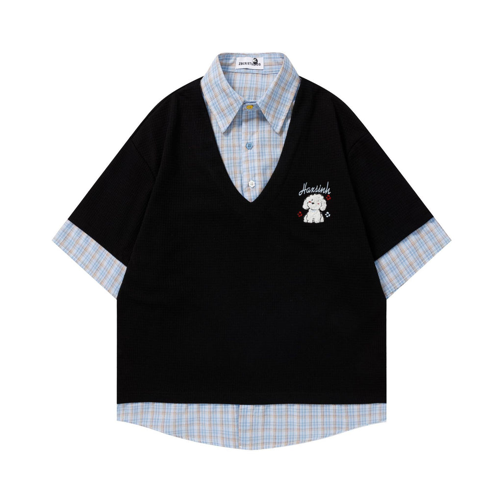 Small dog embroidered checkered short sleeved shirt