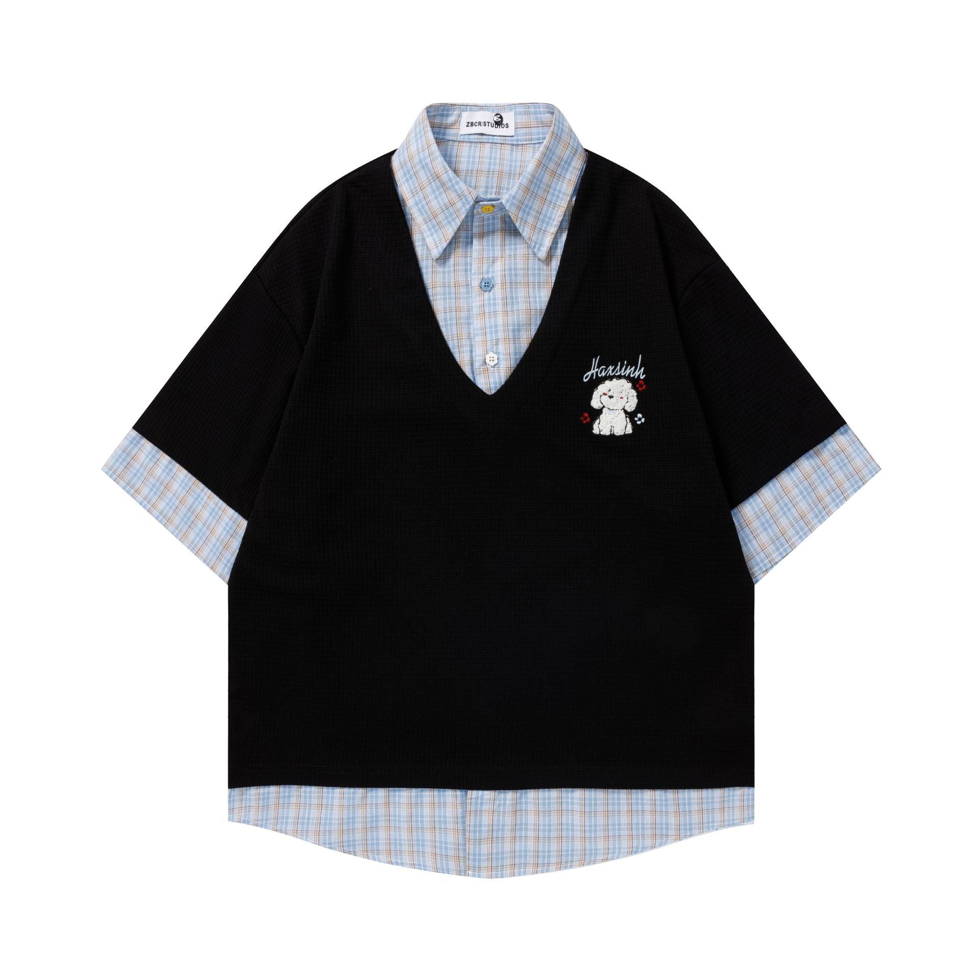 Small dog embroidered checkered short sleeved shirt