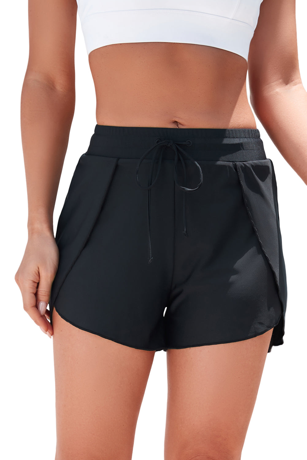Black Solid Color 2-in-1 Drawstring Elastic Waist Swim Shorts