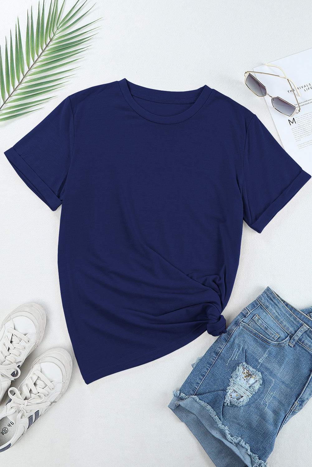 Sachet Pink Solid Color Basic Crew Neck Plain Tee