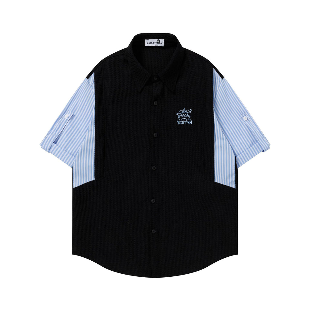 Splicing striped fake two short sleeves