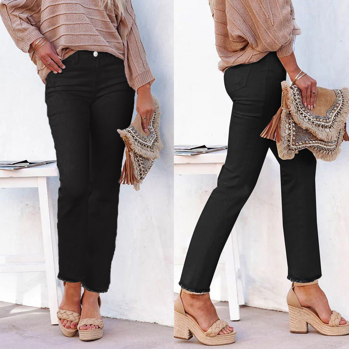 Straight Leg Ankle-Length White Raw Hem Denim Pants T Casual Wear