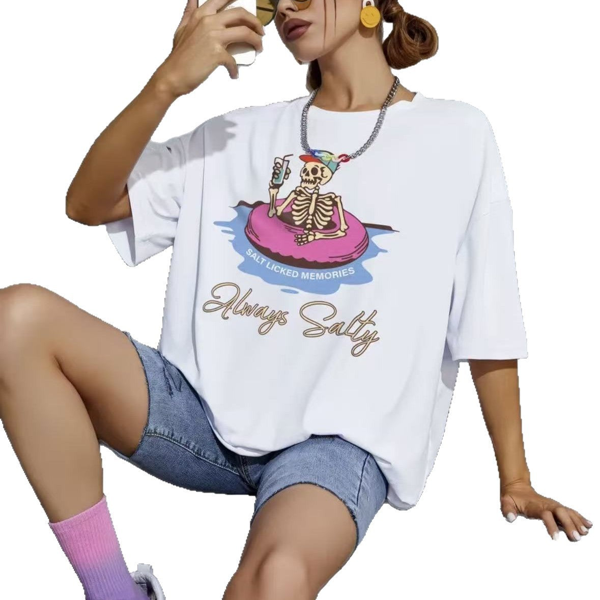 Loose round neck short sleeved top for women