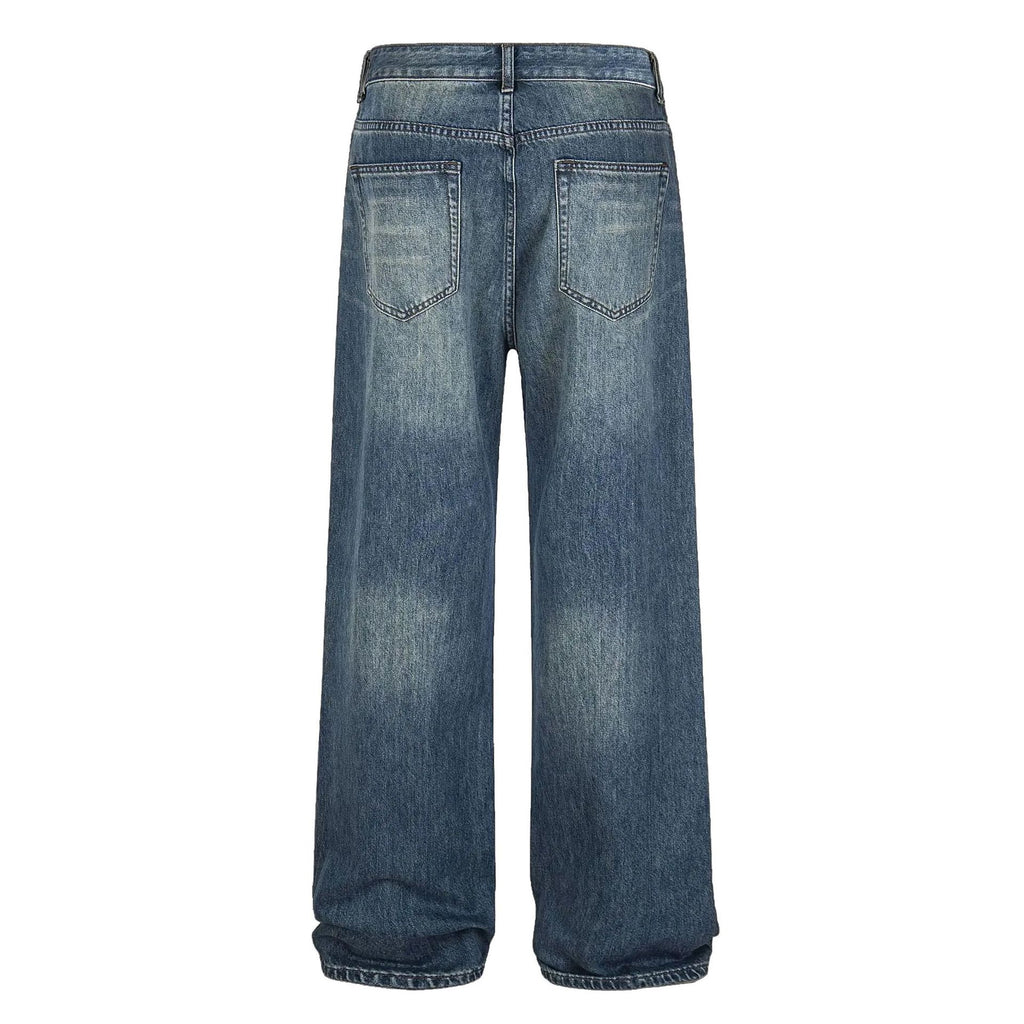 Street Style Rivet Straight Leg Washed Denim Pants
