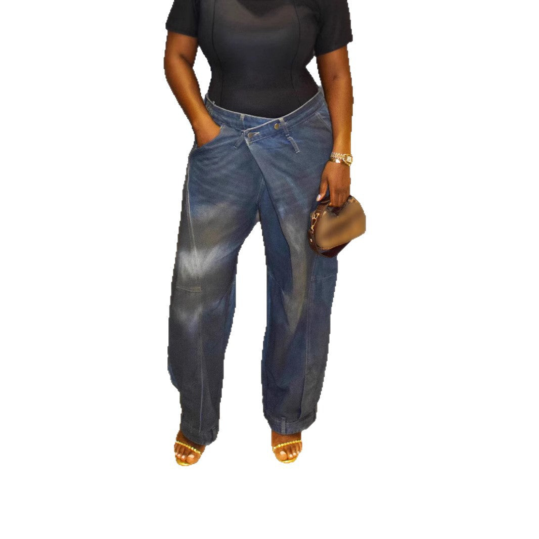Streetwear Distressed Washed Denim Pants with Knife Cut Design