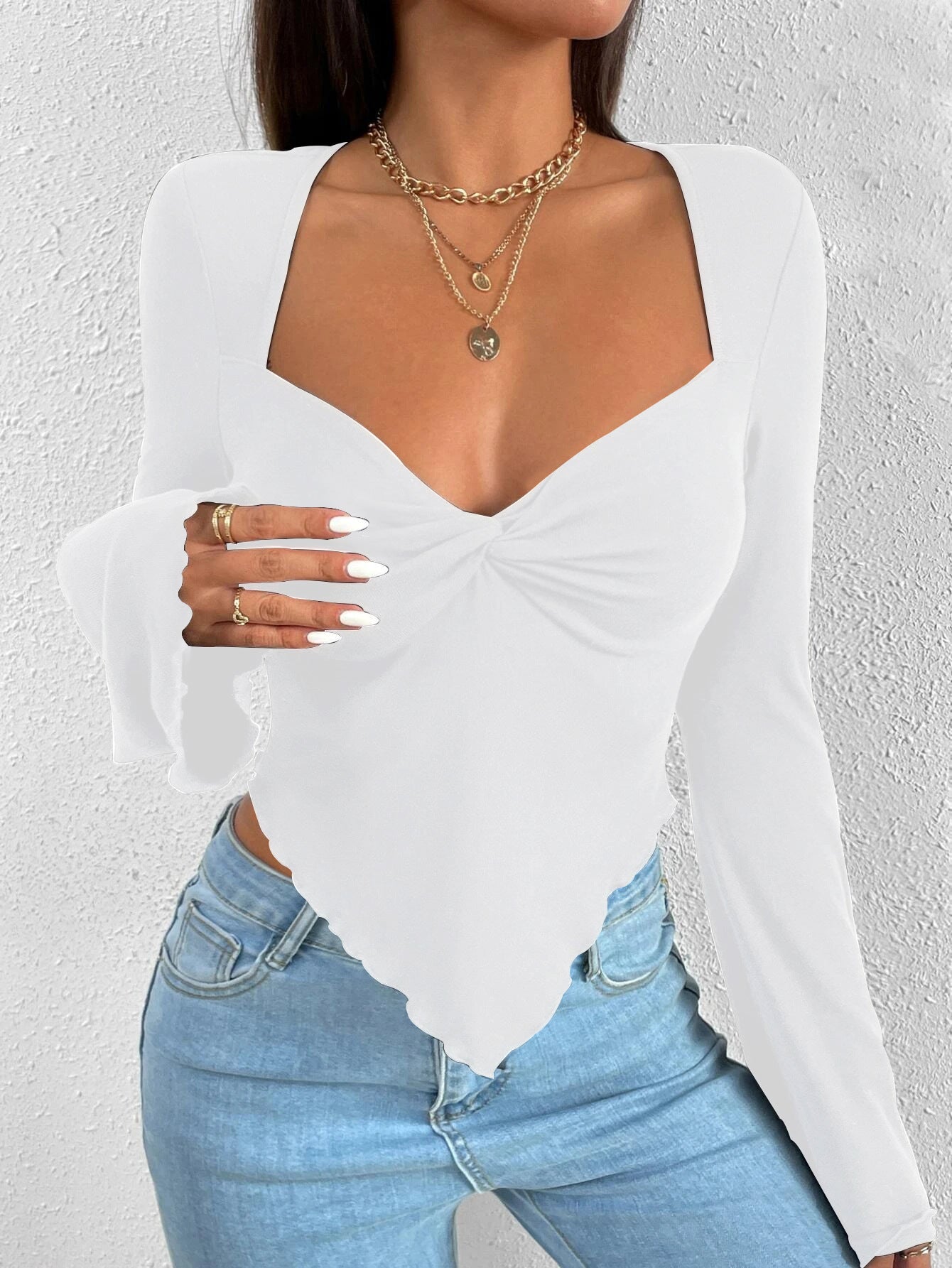 Ladies' elegant style T-shirt for spring and summer new style, slim fit short cut with slanted collar, solid color top
