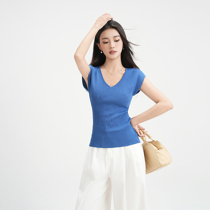 Blue V-Neck Collar-Baring Knit Short Sleeve T-Shirt for Women Lightweight Sheer
