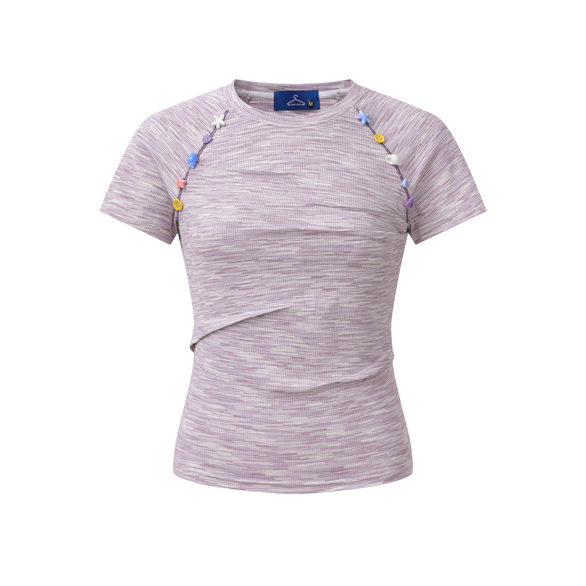 Women's Slim Fit Round Neck Short Sleeve Small Color Block Pleated Button T-Shirt
