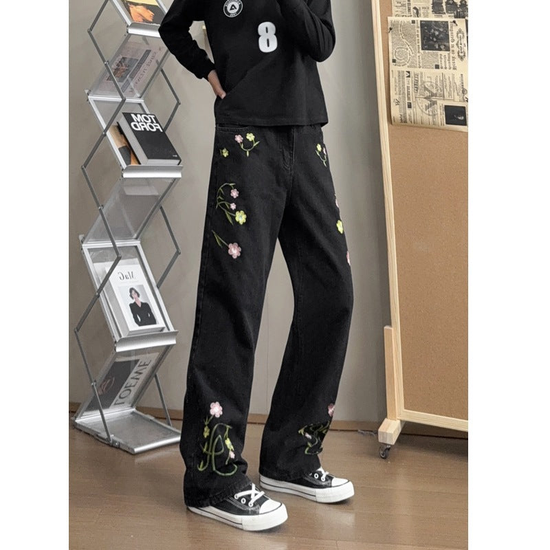 Blue Embroidered Jeans Straight Leg Jeans