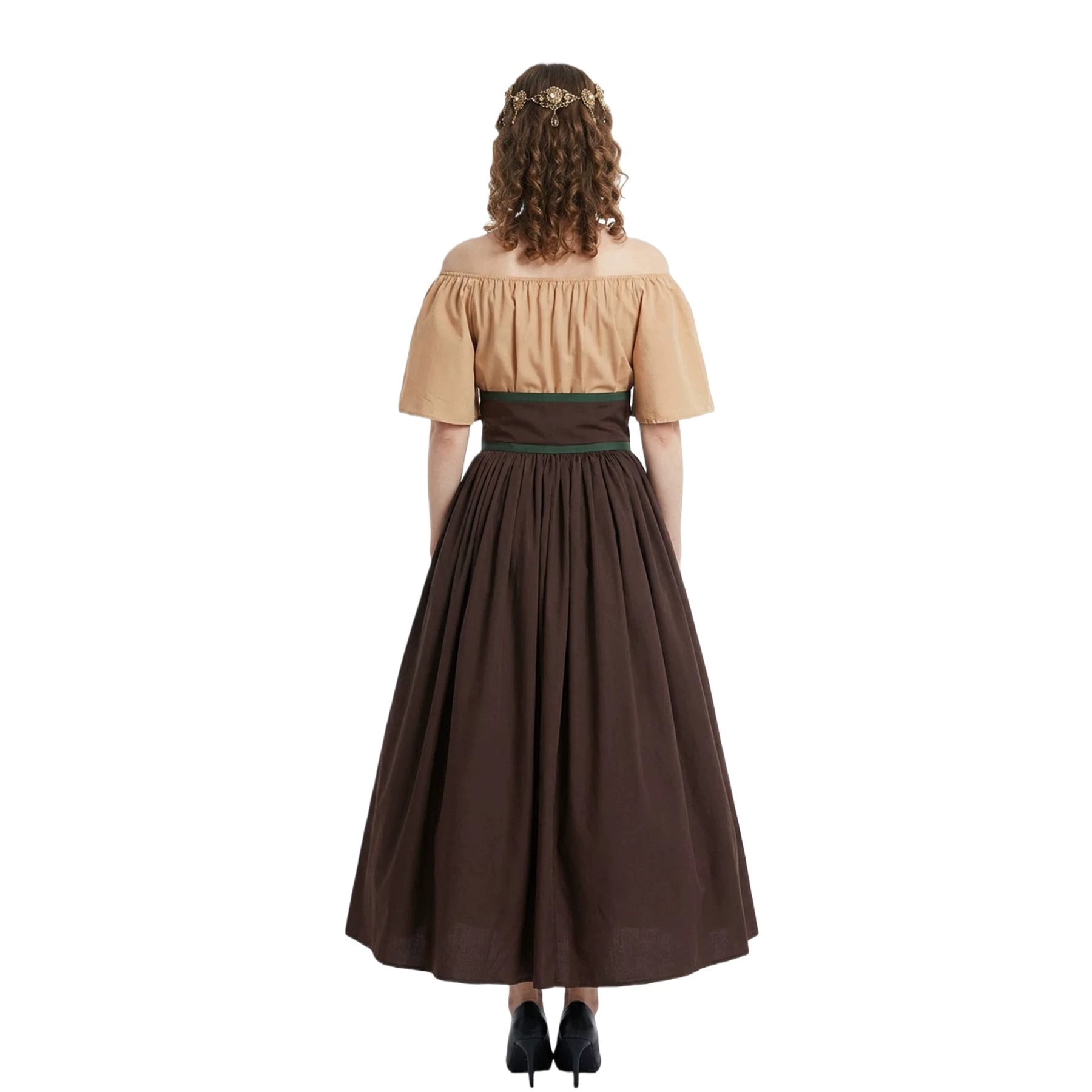 Halloween Cosplay Costume Medieval Vintage Fitted Full Skirt One-Shoulder Color-Blocked Spliced Dress for Women