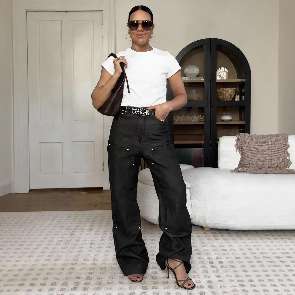 Street Style Stud Panel Straight Leg Washed Denim Pants