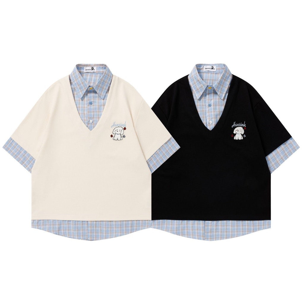 Small dog embroidered checkered short sleeved shirt