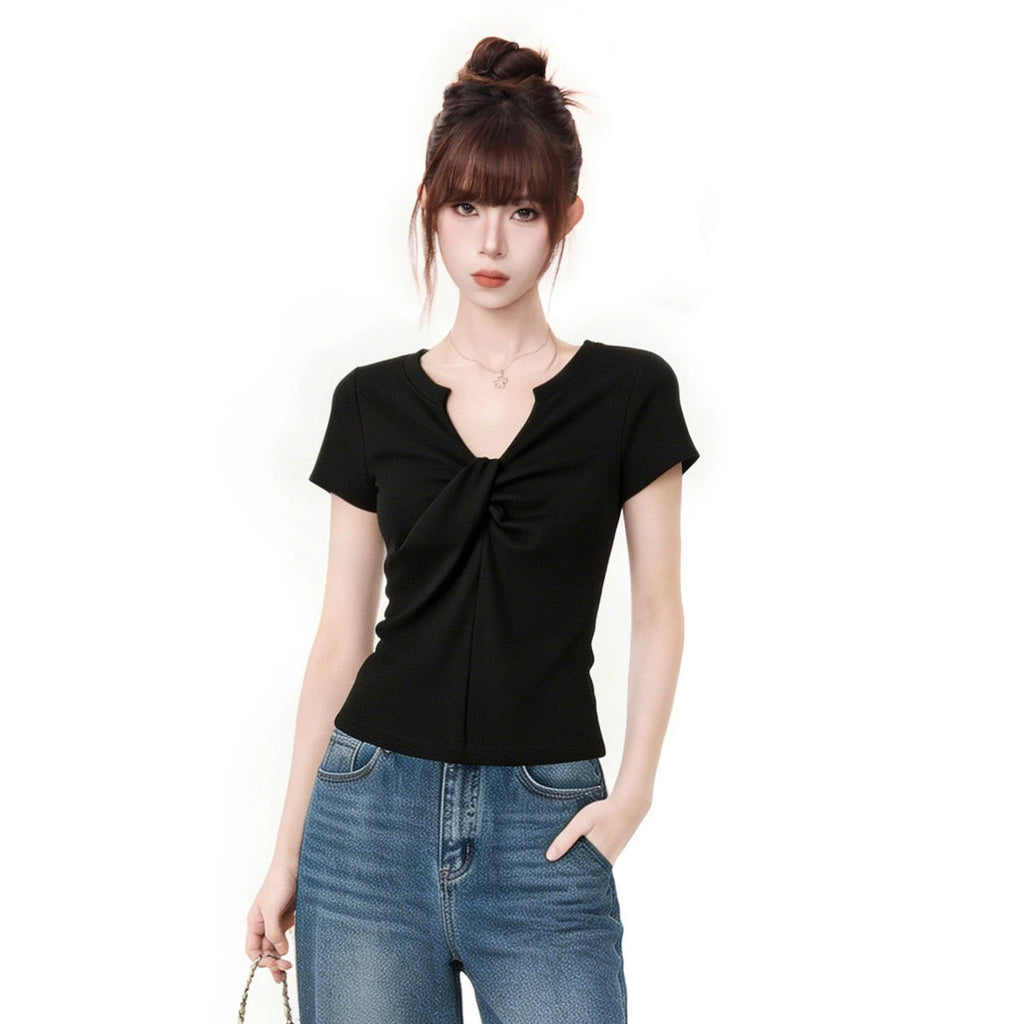 V-Neck Knot Design Off-Shoulder Short Sleeve T-Shirt for Women, Summer Fitted Slimming One-Shoulder Sexy Top