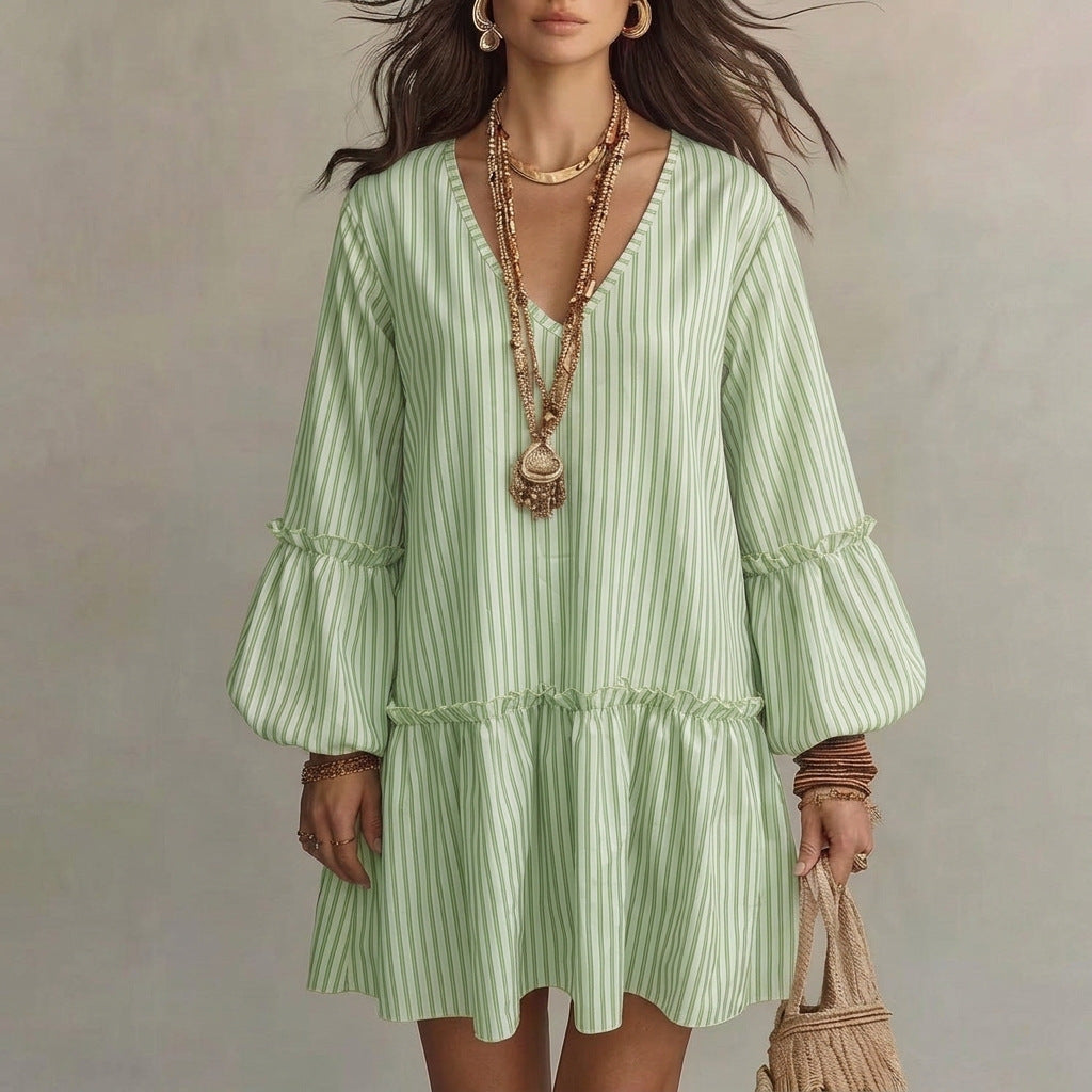 Style Autumn New Women's Long Sleeve Dress Stripe Print V-Neck Lantern Sleeve Loose Mini Dress