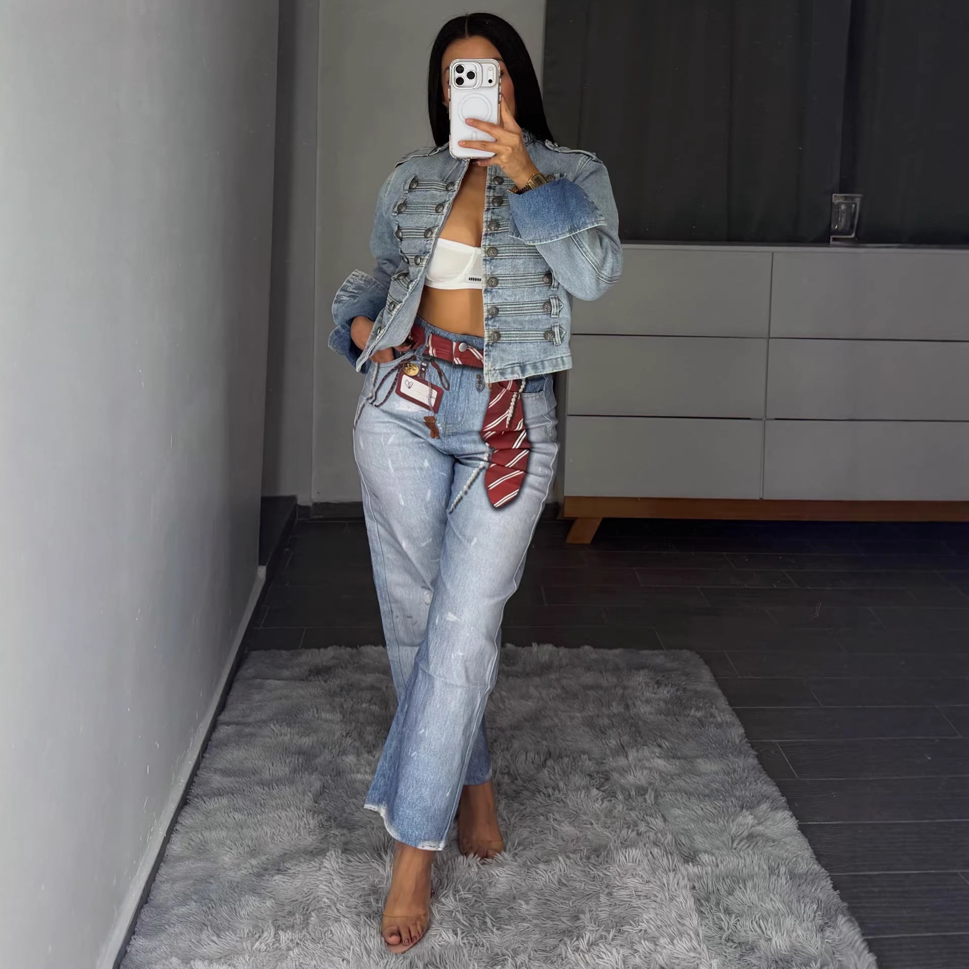 Street Style Tie Badge Print Dagger Jeans