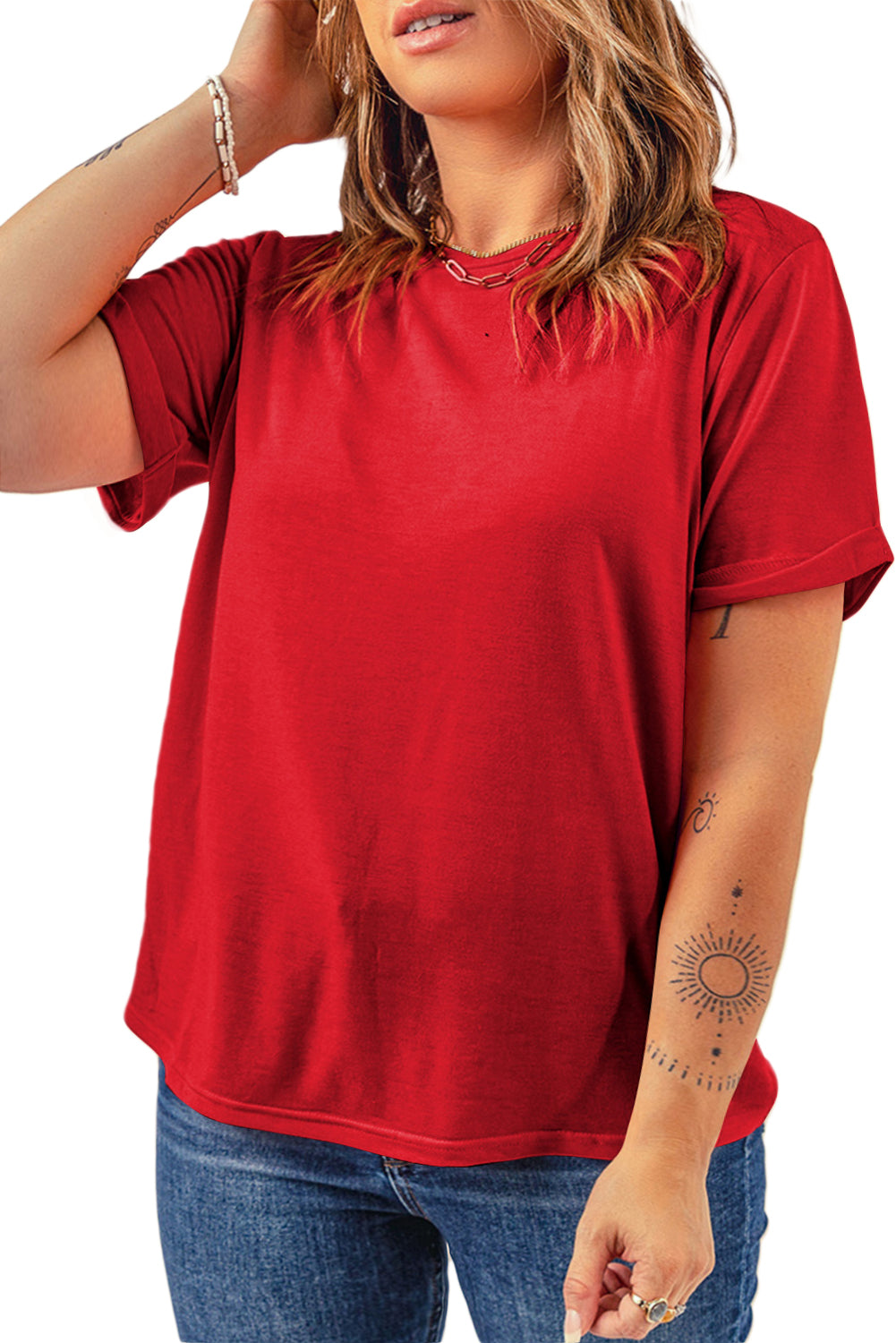 Sachet Pink Solid Color Basic Crew Neck Plain Tee