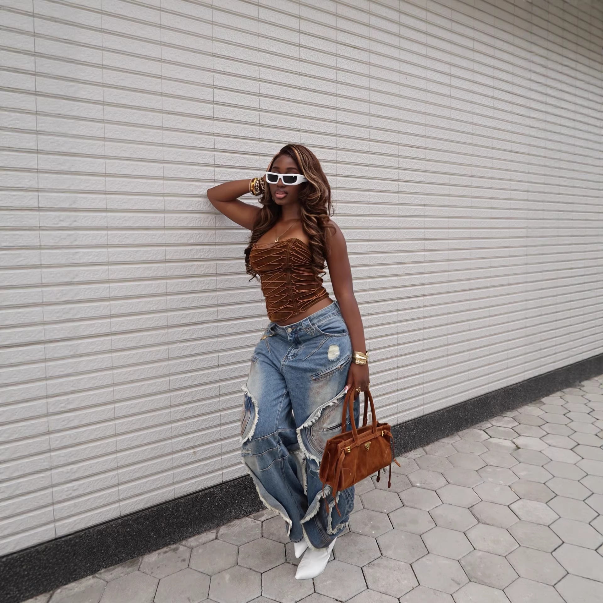 Heavy-duty Wave Frayed Ripped Knife-edge Jeans