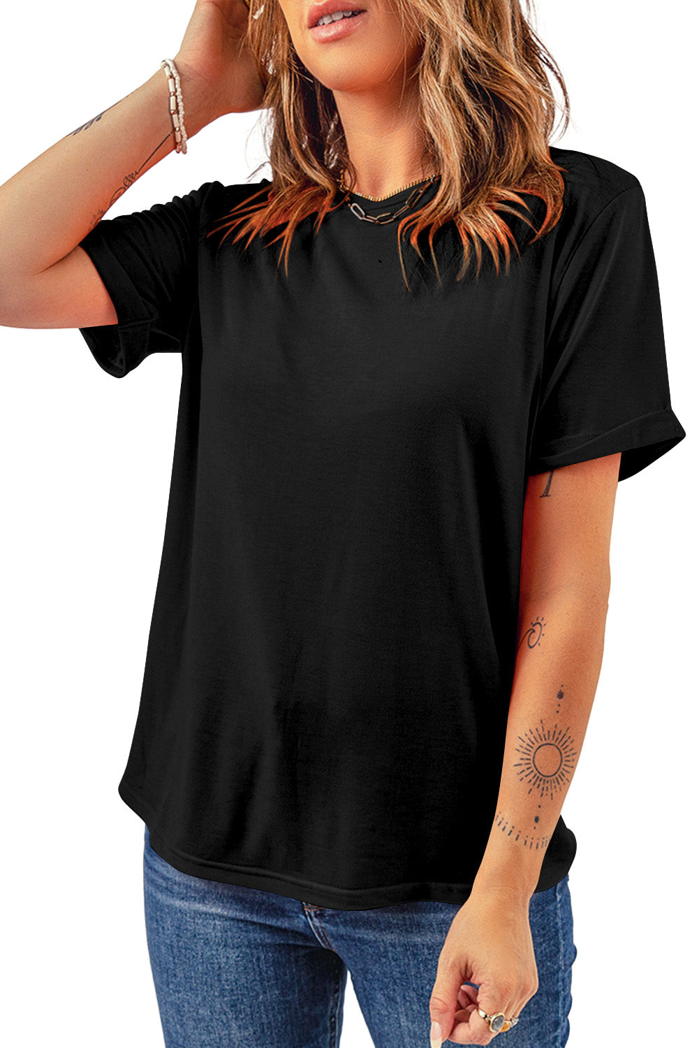 Sachet Pink Solid Color Basic Crew Neck Plain Tee