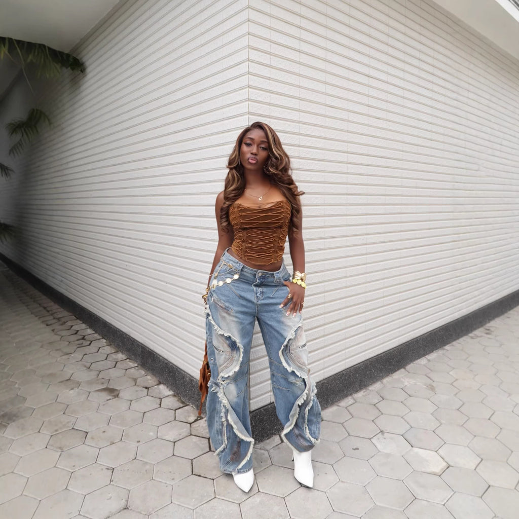 Heavy-duty Wave Frayed Ripped Knife-edge Jeans