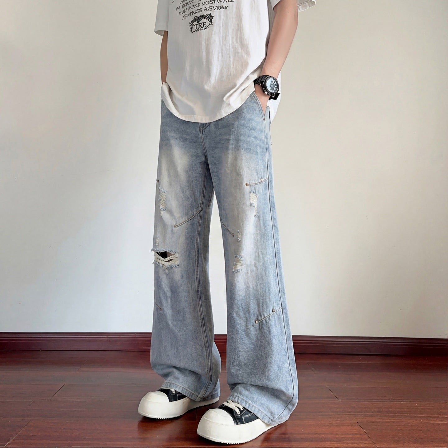 Men's Wide Leg Floor-Length Lightweight Breathable Slim-Fit Casual Trousers