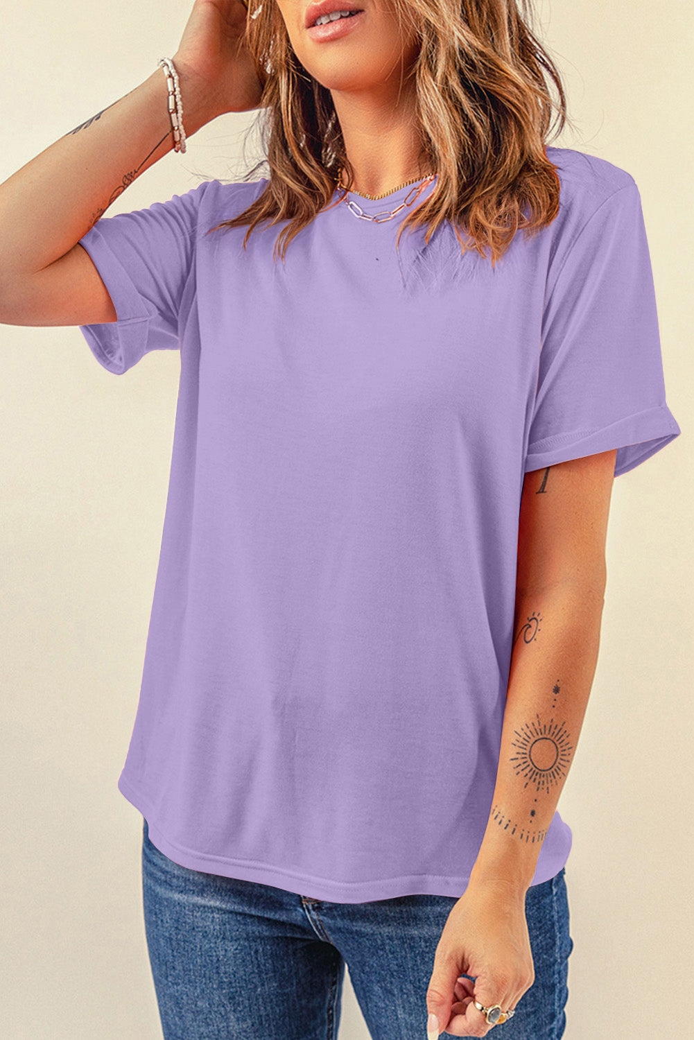 Sachet Pink Solid Color Basic Crew Neck Plain Tee
